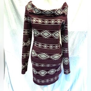 Elegant Burgundy Patterned Women's Sweater Dress Warm but‎ Light weight Sweater